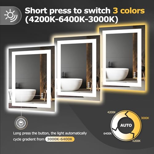 Hivone 28"X20" LED Bathroom Mirror with Lights, Anti-Fog, Dimmable, Backlit + Front Lit, Smart Bathroom Vanity Mirror, Memory Function, Shatterproof, Tempered Glass (Horizontal/Vertical) - size: 28"L x 20"W