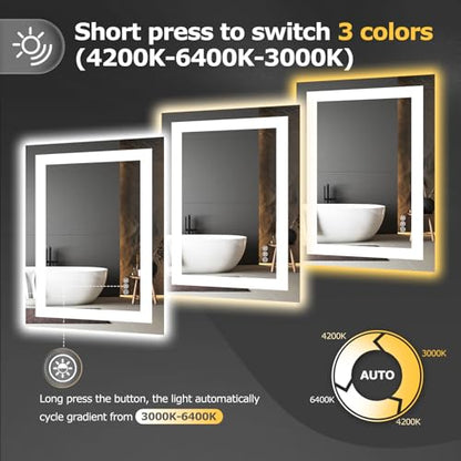 Hivone 28"X20" LED Bathroom Mirror with Lights, Anti-Fog, Dimmable, Backlit + Front Lit, Smart Bathroom Vanity Mirror, Memory Function, Shatterproof, Tempered Glass (Horizontal/Vertical) - size: 28"L x 20"W