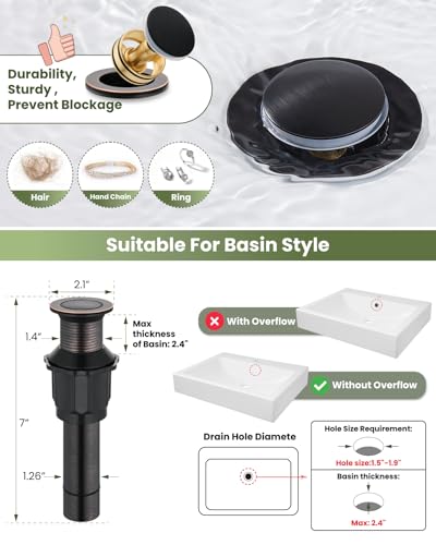 gotonovo Bathroom Vessel Sink Faucet Metal Pop Up Drain, Oil Rubbed Bronze | Tall Bathroom Faucet 1 Hole Single Handle Modern Round Body, cUPC Water Supply Hoses, for Basin Vanity Lavatory Restroom Rv - color: Bronze