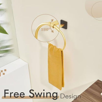 KOKOSIRI Hand Towel Holder Wall Mounted Towel Ring Bathroom Accessories Shower Towel Hanger Rack Stainless Steel Black with Gold, B3010GDK - color: Black Gold