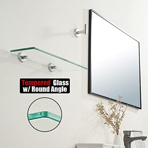 JQK Bathroom Glass Shelf, Tempered Glass Shower Storage 14 by 5 inches, 304 Stainless Steel Brushed Finish Wall Mount, TGS101L14-BN - color: Brushed, size: 14 Inch (1 Pack)
