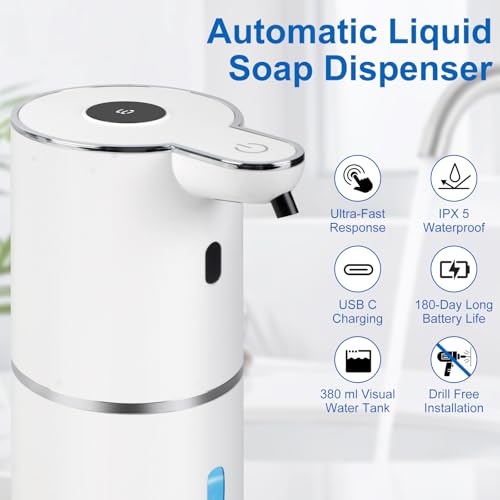 Automatic Soap Dispenser, Hand Soap Dispenser 12.8oz/380ml Smart Rechargeable, Liquid Touchless Soap Dispensers with 6-Level, Wall Mounted or Countertop Dish Soap Dispensing for Bathroom & Kitchen - color: White