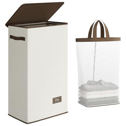 SOLEDI Slim Laundry Hamper with Lid, Narrow Laundry Basket with Removable Bags, Dirty Clothes Hamper with handle, Small Hamper perfect for Laundry room, Bathroom, Bedroom, Small spaces. 70L Beige - color: Off-White, size: 70L