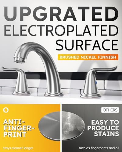 WOWOW Widespread Bathroom Faucet 2 Handle 3 Hole Solid Brass Stainless Steel Vanity Lavatory Bathroom Basin Brushed Nickel Sink Faucets with Pop Up Drain Stopper - color: Brushed Nickel