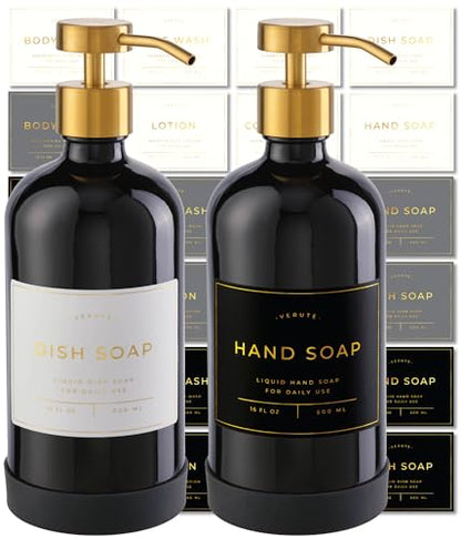 Hand and Dish Soap Dispenser for Kitchen and Bathroom, Set of 2 16 Oz Glass Bottles, Stainless Steel Pumps, Non-Slip Silicone Base, 27 Waterproof Labels (Gloss Black Bottle/Brushed Gold Pump) - color: Gloss Black Bottle / Brushed Gold Pump