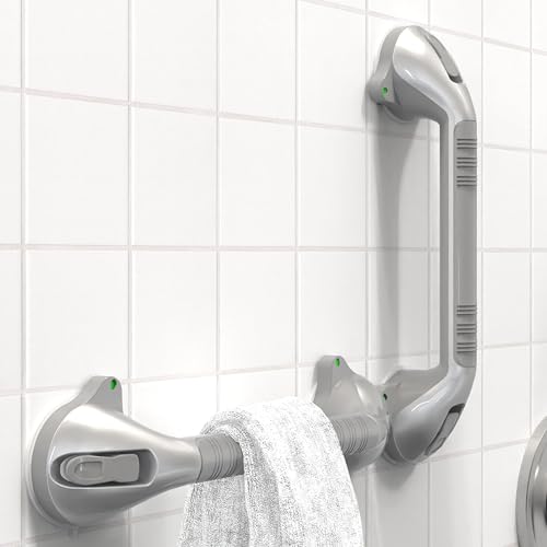 17“ Suction Shower Grab Bar with Indicators, Tool-Free Installation, Steady Handle for Balance Assist for Bathtub, Toilet, Bathroom, Dual Tone, Silver/Gray 2-Pack - size: 17in, Pack of 2