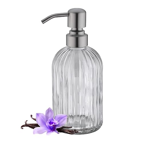 Glass Soap Dispensers for Kitchen and Bathroom, 16oz Heavey Glass Bottle, Stainless Steel Brushed Nickel Pump,Clear Farmhouse Bathroom Soap Dispenser - color: Brushed Nickle, size: 1-Pack