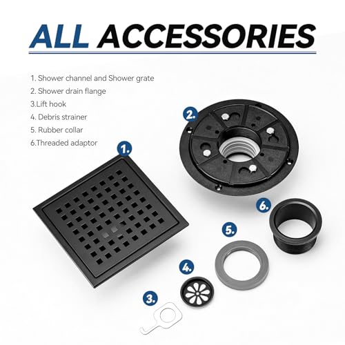 Square Shower Floor Drain, Matte Black Finish, Grid Pattern Strainer Cover (Black, Grate) - color: Black