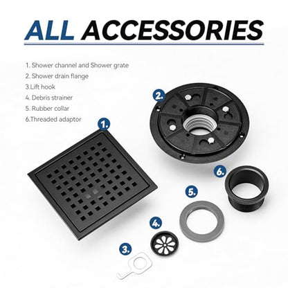 Square Shower Floor Drain, Matte Black Finish, Grid Pattern Strainer Cover (Black, Grate) - color: Black