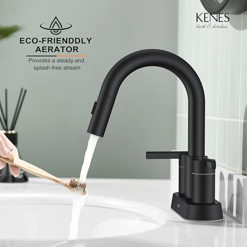 Matte Black Centerset Pull Out Bathroom Faucet 4 Inch 2 Handle 3 Hole | Pull Down Bathroom Faucet with Pop Up Drain & Supply Lines, Lead-Free cUPC & NSF Certified, 3 Hole Faucet for Vanity RV Bar - color: Matte Black