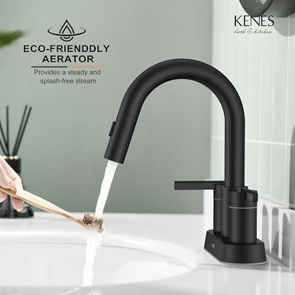 Matte Black Centerset Pull Out Bathroom Faucet 4 Inch 2 Handle 3 Hole | Pull Down Bathroom Faucet with Pop Up Drain & Supply Lines, Lead-Free cUPC & NSF Certified, 3 Hole Faucet for Vanity RV Bar - color: Matte Black
