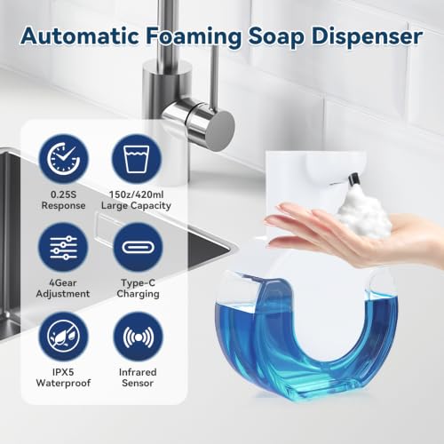 Automatic Soap Dispenser Touchless,Rechargeable Foaming Soap Dispenser,15oz/420ml Smart Hand Soap Dispensers,4-Level Adjustable,Wall Mount for Bathroom Kitchen Dish Soap,Hands-Free