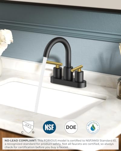 FORIOUS 4 in Black and Gold Bathroom Faucet Centerset, Restroom Sink Faucet | 4" Gold and Black Bathroom Sink Faucet Centerset, 2 Handle Swivel Faucet for Bathroom Sink with Pop up Drain and Supply Lines - color: Gold&Black, style: Classic