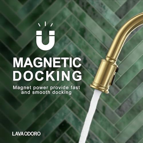 Lava Odoro Curtura Gold Kitchen Faucet with Pull Down Sprayer, Single Handle Kitchen Sink Faucet with Magnetic Docking Spray 3-Function, Brass Faucet for Kitchen Sink 1 Hole and 3 Hole, KF421-SG-M - color: Brushed Gold, style: 3-Mode, Magnetic