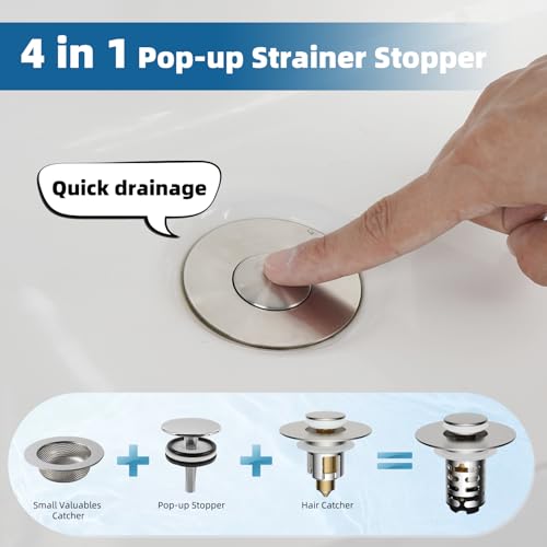 Universal Upgraded Bathroom Sink Drain Stopper Hair Catcher, Brushed Nickel | 4-IN-1 Pop-Up Sink Strainer with 2-Layer Removable Stainless Steel Basket, Anti-Clog Drain Plug for 1.1"-2.36" Basin - color: Brushed Nickel