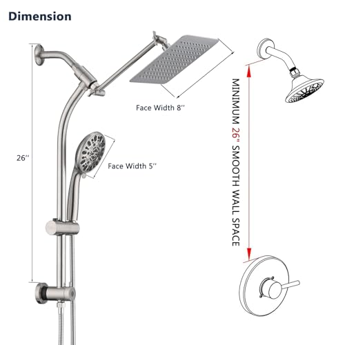 Rainfall 8 Inch Shower Head with High Pressure Handheld Spray Combo, Drill-Free Slide Bar with Adjustable Shower Extension Arm, 3-Way Low Diverter for Easy Reach, 5Ft Hose- Brushed Nickel - color: Brushed Nickel