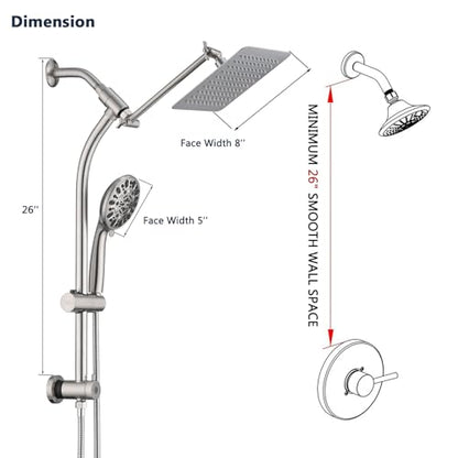 Rainfall 8 Inch Shower Head with High Pressure Handheld Spray Combo, Drill-Free Slide Bar with Adjustable Shower Extension Arm, 3-Way Low Diverter for Easy Reach, 5Ft Hose- Brushed Nickel - color: Brushed Nickel
