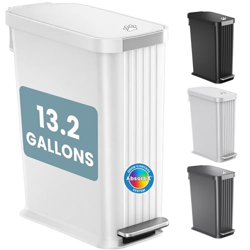 iTouchless 13.2 Gallon / 50 Liter Dog Poop Trash Can with Lid & AbsorbX Odor Filter, Indoor & Outdoor Rust-Proof Pet Waste Bin, Soft-Close Step Pedal, Large Capacity Recycle Bin, Matte White - color: White