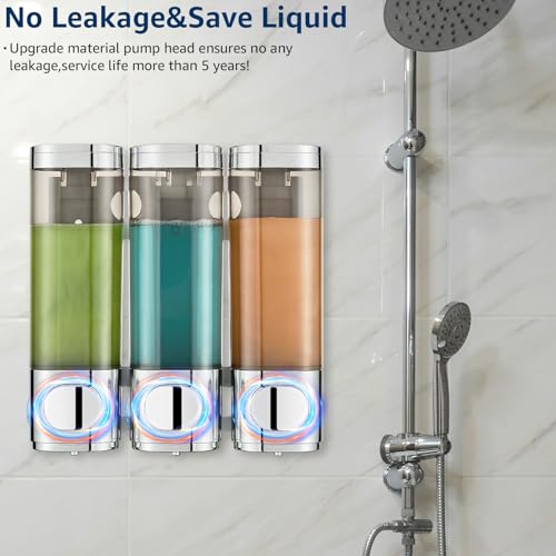 Pollock Shampoo and Conditioner Dispenser Wall Mounted | Shower Soap Dispenser 2 Chamber No Drill, Shampoo Dispenser for Shower, Body Wash Dispenser for Bathroom, Large Capacity - color: Silver Dg3 Chamber