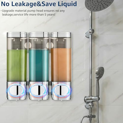 Pollock Shampoo and Conditioner Dispenser Wall Mounted | Shower Soap Dispenser 2 Chamber No Drill, Shampoo Dispenser for Shower, Body Wash Dispenser for Bathroom, Large Capacity - color: Silver Dg3 Chamber