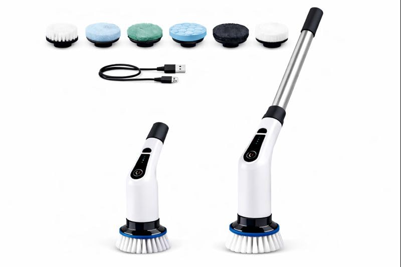 Electric Spin Scrubber, Cordless Cleaning Brush Scrubber for Home, 6 Replaceable Brush Heads-90Mins Work Time, 2 Speeds for Bathroom Shower Bathtub Glass Car