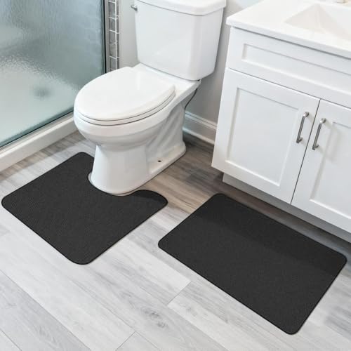Bosap Bathroom Rugs Set 2 Pieces,Thin Bathroom Mats,Toilet Rugs,Quick Dry,Non-Slip,Machine Washable,Low Pile,Absorbent Bath Mats,Shower,Sink,Home Decor Accessories.Black,1'5"x2'3"+1'8"x2" U Shape - color: Black, size: 1'8"x2"u+1'5"x2'3"(set)