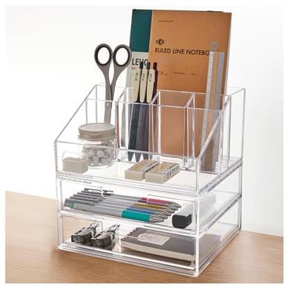 STORi Stackable Desk and Drawer Organizer, Clear Pen Pencil Makeup Brush Holder for Desktops and Vanities, 6 Compartment Caddy with 2 Wide Drawers (Made in USA) - style: Organizer & Drawer Set