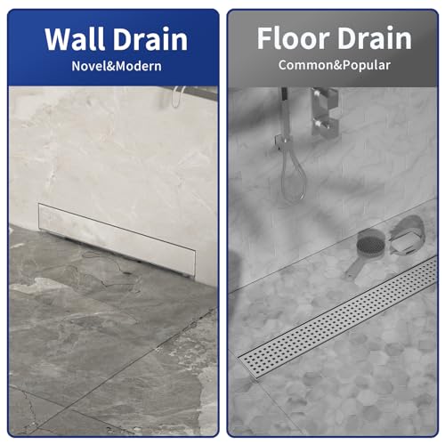 Linear Wall Drain 12’’, CUPC Certified | 304 Stainless Steel Side Drain w/ Tiled Grate & Hair Strainer, Brushed Tiled Shower Drain for Bathroom - size: 12"