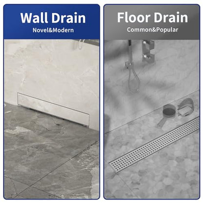 Linear Wall Drain 12’’, CUPC Certified | 304 Stainless Steel Side Drain w/ Tiled Grate & Hair Strainer, Brushed Tiled Shower Drain for Bathroom - size: 12"