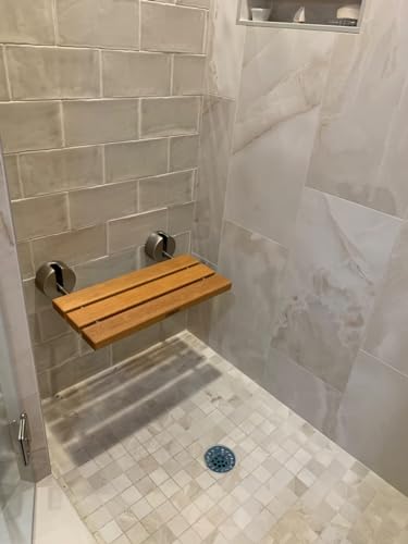 20" Luxury Teak Folding Shower Seat, Sturdy 400lb Capacity, Space-Saving Fold Down/Up Shower Bench Wall Mount, Easy Install, Brushed Nickel Fitting