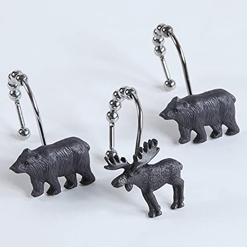 Shower Curtain Hooks Rings, Rustproof Stainless Steel Black Bear Deer Shower Curtain Hooks for Bathroom Shower Rods Curtains - Set of 12 - color: Woodland
