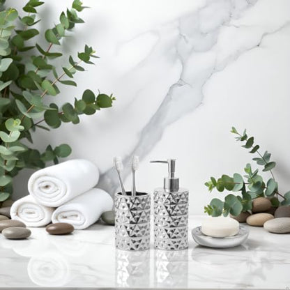 Silver Bathroom Accessories Set 3 PCS, Dispenser, Soap Dish and Vase | Diamond Ceramic Bathroom Accessory Complete Set - Lotion Dispenser, Soap Dish,Vase for Countertop Vanity - color: Silver