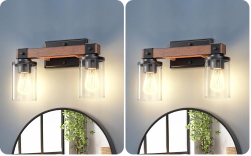 EDISHINE Farmhouse Vanity Lights for Bathroom, 2-Light Bathroom Vanity Light Fixtures Over Mirror, Painted Wood Bath Wall Sconces Lamp with Clear Glass Shade for Bedroom, Powder Room (Pack of 2) - size: 2-Light with Clear Glass Shade (Pack of 2)