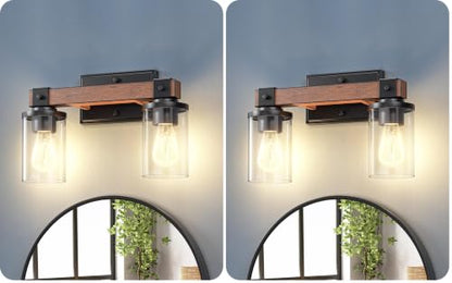 EDISHINE Farmhouse Vanity Lights for Bathroom, 2-Light Bathroom Vanity Light Fixtures Over Mirror, Painted Wood Bath Wall Sconces Lamp with Clear Glass Shade for Bedroom, Powder Room (Pack of 2) - size: 2-Light with Clear Glass Shade (Pack of 2)