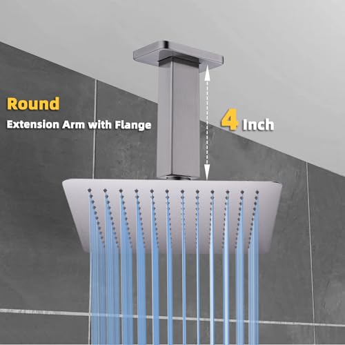 4 Inch Shower Arm with Flange, BSTIIU Ceiling Mounted Square Shower Head Extension Arm, 1/2 NPT Straight Arm for Rain Shower Head, Shower Head Extension Replacement Pipe Arm, Brushed Nickel - color: Brushed Nickel, style: 4-Inch