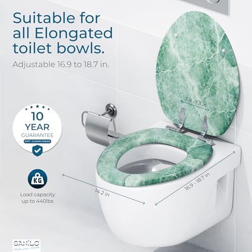 SANILO Wooden Toilet Seat with Soft Close [ELONGATED] - Decorative, Quiet & Slow Close Molded Wood Seat - With Strong Bumpers & Hinges - Adjustable Fit - Marble Green - color: Marble Green