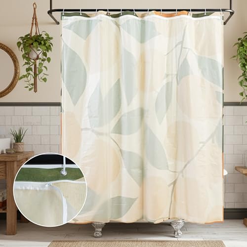 Lemons in Full Bloom Linen Shower Curtain Set with Liner,72" Wx72 L | Double Layer Shower Curtain Waterproof Fabric with Zippered Removable PEVA Liner,Boho Shower Curtain for Bathroom,Free Hooks - color: Lemon