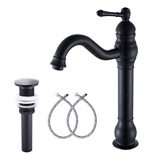 Black Bathroom Faucet GGStudy 360° Swivel Single-Handle One Hole Bathroom Vessel Sink Faucet Matching Pop Up Drain - color: Black, size: Vessel