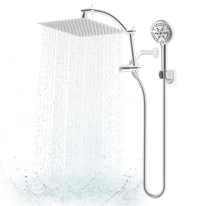 Hibbent All Metal 12" High Pressure Rain Shower Head Combo, Chrome | cUPC Certified Rainfall Shower Head with handheld 10 Sprays, 16'' Adjustable Extension Arm, 71'' Hose, Showerhead Holder - color: Chrome, style: Square 12''