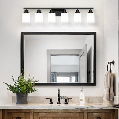 6 Light Bathroom Vanity Light, Modern Matte Black Bathroom Light Fixtures with Square Frosted Glass, Wall Sconces fixtures Over Mirror Restroom,Living Room Hallway E26 - color: Black, size: 6-Light
