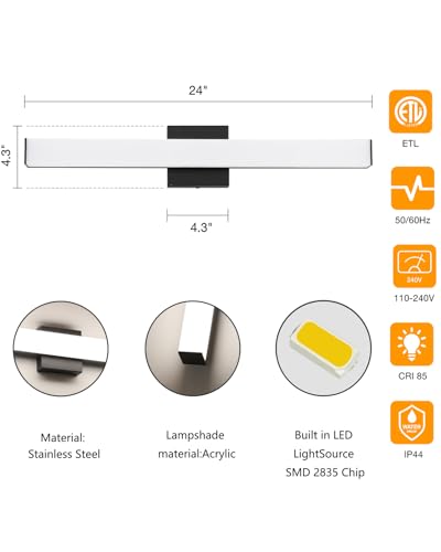 24" LED Square Vanity Light, 14W 4000K Dimmable, Brushed Nickel | Wall Bar Light, Rust & Moisture Resistant, Natural White light, Energy-saving, moisture-proof, Dresser Bathroom over Mirror - color: Matte Black, size: 24inch 4000K Dimmable