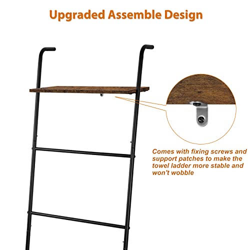 Vrisa Blanket Ladder Wall Leaning Blanket Rack Farmhouse 5-Tier Metal Blanket Holder with Shelf Bath Towel Storage for Bathroom Quilt Bedroom Living Room Pool Black