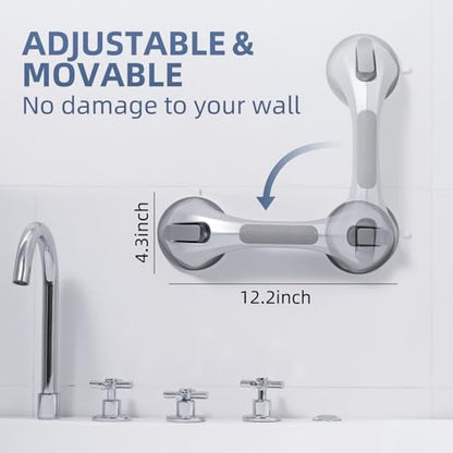 Shower Grab Bar Suction Cup 12 inch, 2 Pack Grab Bars for Bathtubs, Bathroom Safety Grip Shower Handle for Elderly and Seniors, Bath Handrails Removable Waterproof No Drilling Silver