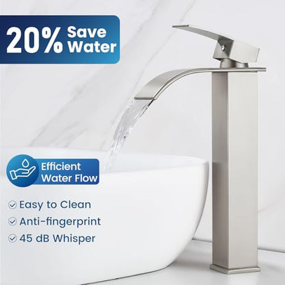 Airuida Vessel Sink Faucet,Brushed Nickel Tall Waterfall Bathroom Faucet | Single Handle,Tall Bathroom Faucet 1 Hole,Vanity Faucet,without Drain,Bowl Bathroom Faucet - color: Brushed Nickel