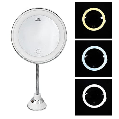 Lighted Makeup Mirror, 10x Magnifying Mirror Suction Cup with Light 3 Color Modes and Adjustable Brightness 360°Swivel for Vanity