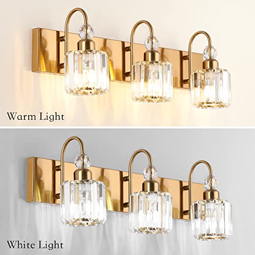 Ralbay Brass Gold Bathroom Vanity Lights 3-Lights Brass Gold Crystal Vanity Lights Over Mirror Modern Crystal Brass Gold Bathroom Vanity Lighting Fixtures - color: Round-Brass, size: 3-light