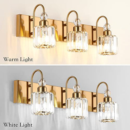 Ralbay Brass Gold Bathroom Vanity Lights 3-Lights Brass Gold Crystal Vanity Lights Over Mirror Modern Crystal Brass Gold Bathroom Vanity Lighting Fixtures - color: Round-Brass, size: 3-light