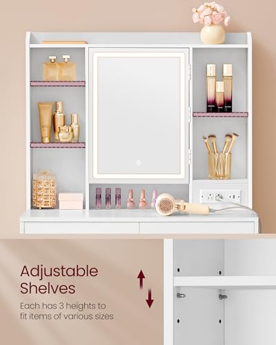 VASAGLE KAILYN Collection - Vanity Desk with Power Outlets, Makeup Vanity with Mirror and Lights, Upholstered Vanity Stool, 6 Compartments, 2 Drawers, for Bedroom, Cloud White URDT031WB02S - style: 35.4"W 2 Drawers Vanity Desk - Cloud White