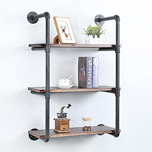 Industrial Pipe Shelves With Wood Planks,Rustic Pipe Shelving Wall Shelf | Metal Pipe Solid Pine Wood,Easy to Assemble,Wooden Board Thickness 0.78 In,For Bar Farmhouse Kitchen Office Bathroom,Bedroom - color: 3-layer, size: 24in