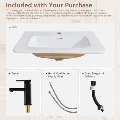 24 Inch Floating Bathroom Vanity with Sink, Wall Mounted Bath Vanity Combo with Fluted Sliding Doors, Small Space Bathroom Cabinet with Ceramic Vessel Sink, Faucet & Drain Included (Natural Oak)